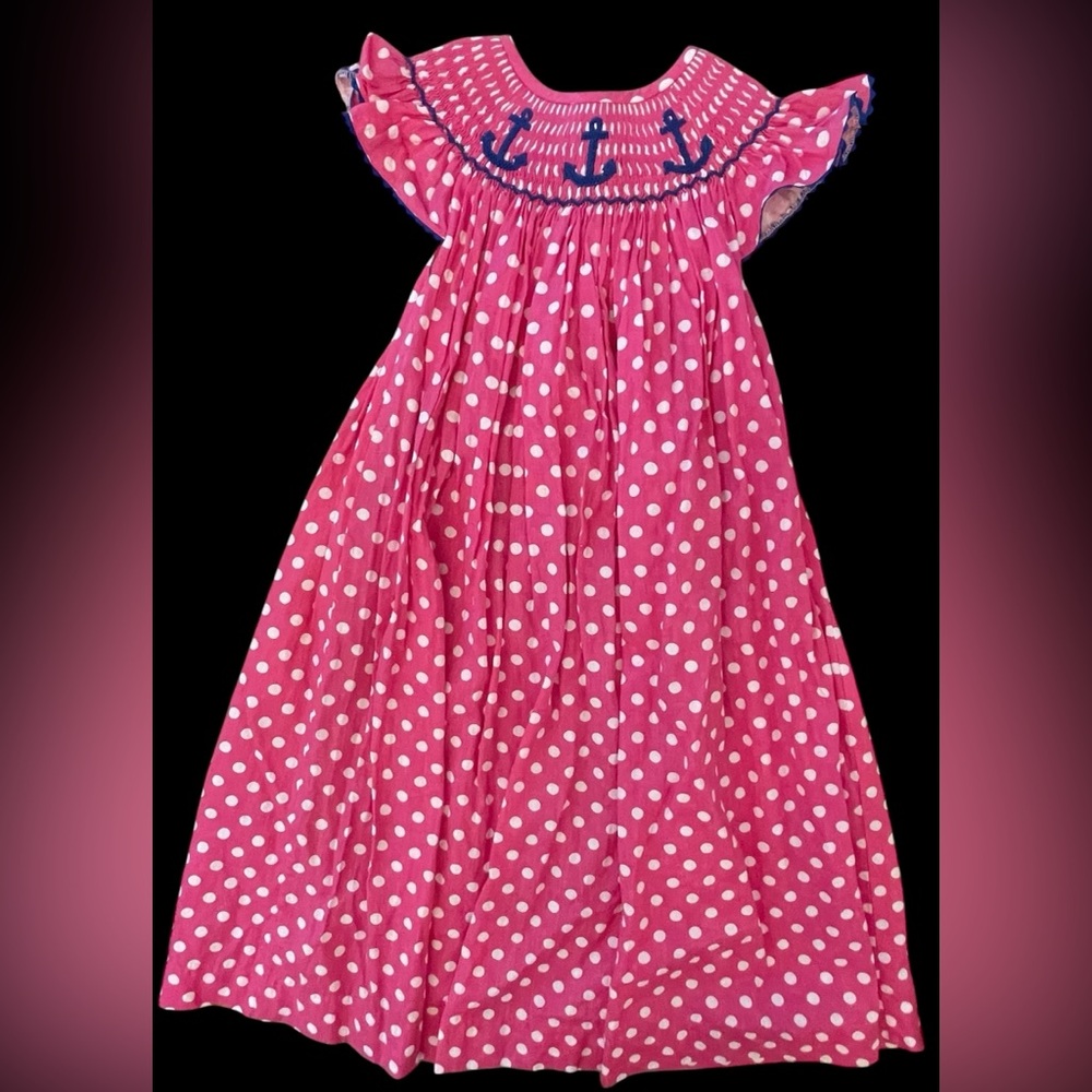 Smocked Dress Pink Polka Dots with Navy Accents